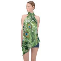 Peacock Feathers Pattern Halter Asymmetric Satin Top by Vaneshart