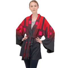 Light Neon City Buildings Sky Red Long Sleeve Velvet Kimono  by HermanTelo