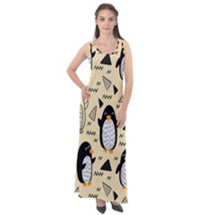 Hand Drawn Penguin Doodle Pattern Sleeveless Velour Maxi Dress by Vaneshart