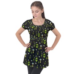 Alien Ufo Pattern Puff Sleeve Tunic Top by Vaneshart