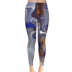 Cobalt Blue Silver Orange Wavy Lines Abstract Leggings  by CrypticFragmentsDesign