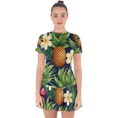 Tropical Pattern Pineapple Flowers Floral Fon Tropik Ananas Drop Hem Mini Chiffon Dress by Vaneshart