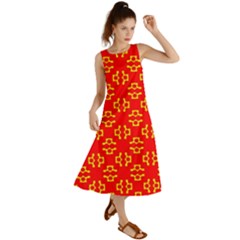 Red Background Yellow Shapes Summer Maxi Dress by Simbadda