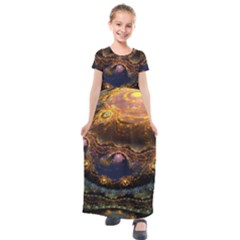 Fractal Cg Computer Graphics Sphere Fractal Art Water Organism Macro Photography Art Space Earth  Kids  Short Sleeve Maxi Dress by Vaneshart