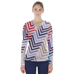 Abstract Colorful Geometric Pattern V-neck Long Sleeve Top by Vaneshart