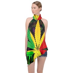 Cannabis Leaf Color Halter Asymmetric Satin Top by Vaneshart