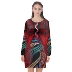 Patterns Red Abstract Long Sleeve Chiffon Shift Dress  by Vaneshart