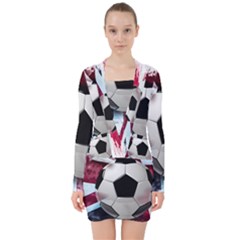 Soccer Ball With Great Britain Flag V-neck Bodycon Long Sleeve Dress by Vaneshart