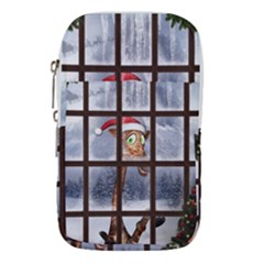 Funny Giraffe  With Christmas Hat Looks Through The Window Waist Pouch (small) by FantasyWorld7