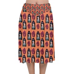 Girl Flower Pattern Apricot Velvet Flared Midi Skirt by snowwhitegirl