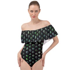 Abstract Green Design Scales Off Shoulder Velour Bodysuit  by Wegoenart