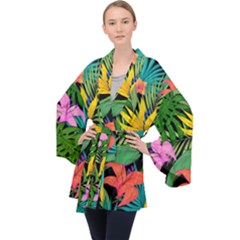 Tropical Greens Long Sleeve Velvet Kimono  by Sobalvarro