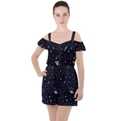 Starry Night  Space Constellations  Stars  Galaxy  Universe Graphic  Illustration Ruffle Cut Out Chiffon Playsuit by Vaneshart