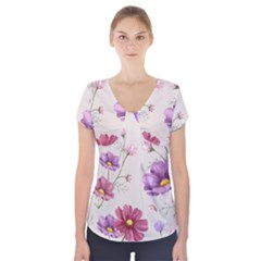 Vector Hand Drawn Cosmos Flower Pattern Short Sleeve Front Detail Top by Sobalvarro