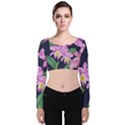 Vector Hand Drawn Orchid Flower Pattern Velvet Long Sleeve Crop Top View1