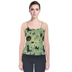 Funny Halloween Pattern With Witch, Cat And Pumpkin Velvet Spaghetti Strap Top by FantasyWorld7