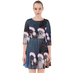 Christmas, Cute Dogs With Christmas Hat Smock Dress by FantasyWorld7