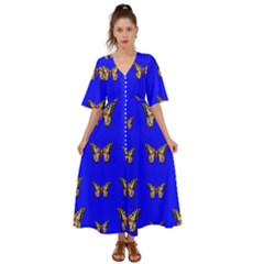 Butterfly Pattern Blue Insects Kimono Sleeve Boho Dress by Vaneshart