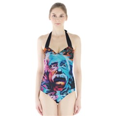 Albert Einstein Retro Wall Graffiti Blue Pink Orange Modern Urban Art Grunge Halter Swimsuit by snek