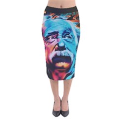 Albert Einstein Retro Wall Graffiti Blue Pink Orange Modern Urban Art Grunge Velvet Midi Pencil Skirt by snek