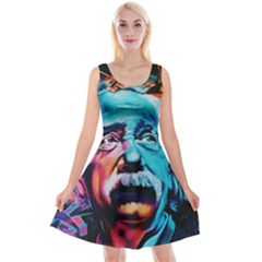 Albert Einstein Retro Wall Graffiti Blue Pink Orange Modern Urban Art Grunge Reversible Velvet Sleeveless Dress by snek