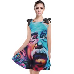 Albert Einstein Retro Wall Graffiti Blue Pink Orange Modern Urban Art Grunge Tie Up Tunic Dress by snek