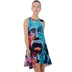 Albert Einstein Retro Wall Graffiti Blue Pink Orange Modern Urban Art Grunge Frill Swing Dress by snek