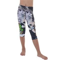 Frida Kahlo Brick Wall Graffiti Urban Art With Grunge Eye And Frog  Kids  Lightweight Velour Capri Leggings  by snek