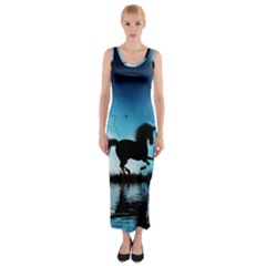 Wonderful Unicorn Silhouette In The Night Fitted Maxi Dress by FantasyWorld7