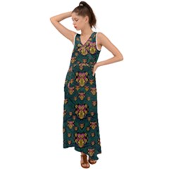 Hearts And Sun Flowers In Decorative Happy Harmony V-neck Chiffon Maxi Dress by pepitasart