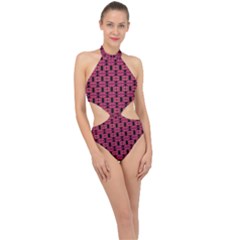 Red Black Abstract Pattern Halter Side Cut Swimsuit by BrightVibesDesign