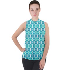 Teal White  Abstract Pattern Mock Neck Chiffon Sleeveless Top by BrightVibesDesign