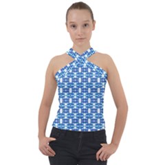 Blue White  Abstract Pattern Cross Neck Velour Top by BrightVibesDesign