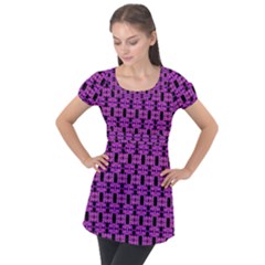 Pink Black Abstract Pattern Puff Sleeve Tunic Top by BrightVibesDesign