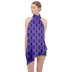 Purple Black Abstract Pattern Halter Asymmetric Satin Top by BrightVibesDesign