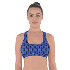 Blue Black Abstract Pattern Cross Back Sports Bra by BrightVibesDesign