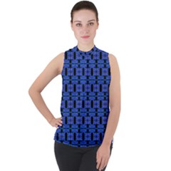 Blue Black Abstract Pattern Mock Neck Chiffon Sleeveless Top by BrightVibesDesign