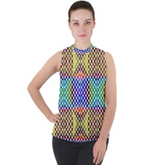 Colorful Circle Abstract White Brown Blue Yellow Mock Neck Chiffon Sleeveless Top by BrightVibesDesign