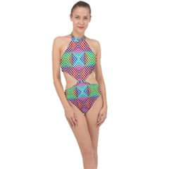 Colorful Circle Abstract White  Red Pink Green Halter Side Cut Swimsuit by BrightVibesDesign