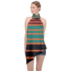 Black Stripes Orange Brown Teal Halter Asymmetric Satin Top by BrightVibesDesign