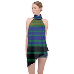 Black Stripes Green Olive Blue Halter Asymmetric Satin Top by BrightVibesDesign