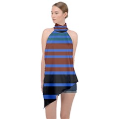 Black Stripes Blue Green Orange Halter Asymmetric Satin Top by BrightVibesDesign