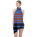 Black Stripes Blue Green Orange Halter Asymmetric Satin Top View1