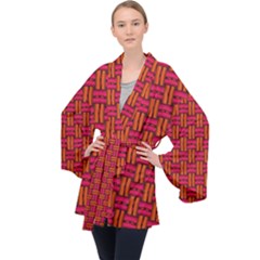 Pattern Red Background Structure Long Sleeve Velvet Kimono  by HermanTelo