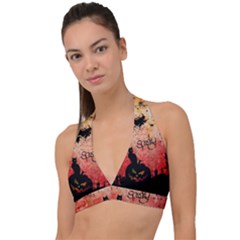 Funny Halloween Design, Cat, Pumpkin And Witch Halter Plunge Bikini Top by FantasyWorld7
