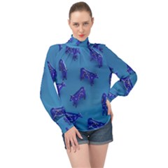 Cow Illustration Blue High Neck Long Sleeve Chiffon Top by HermanTelo