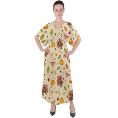 Thanksgiving Turkey Pattern V-neck Boho Style Maxi Dress by Valentinaart