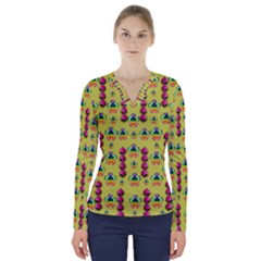 Power Can Be Flowers And Ornate Colors Decorative V-neck Long Sleeve Top by pepitasart