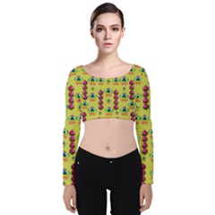 Power Can Be Flowers And Ornate Colors Decorative Velvet Long Sleeve Crop Top by pepitasart