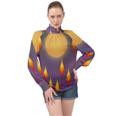 Night Moon Flora Background High Neck Long Sleeve Chiffon Top by HermanTelo